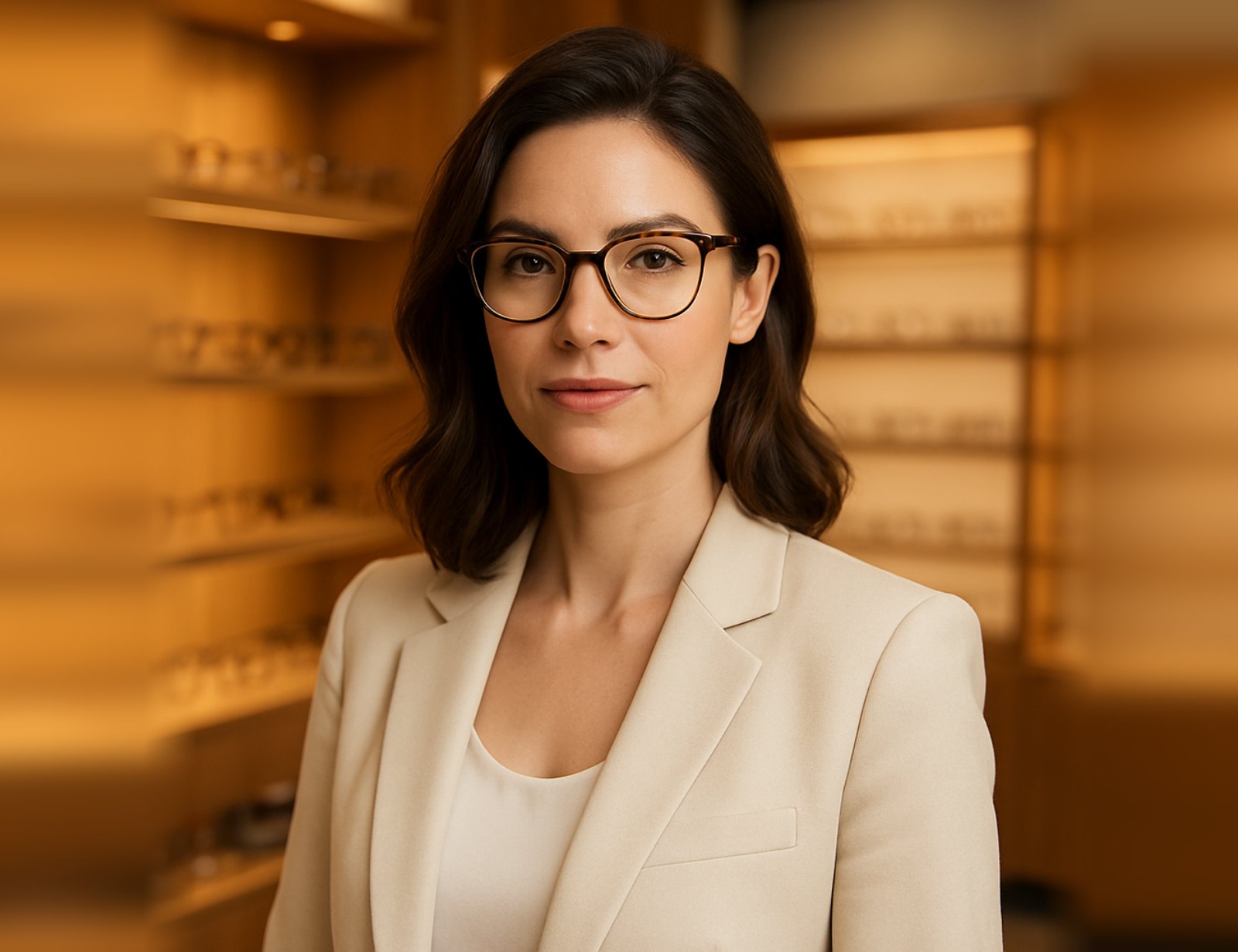 Independent optical store owner wearing Mutual Optical frames